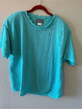 Liz Baker Bright Aqua Crochet-Trim Knit Top Vintage. 100% Cotton